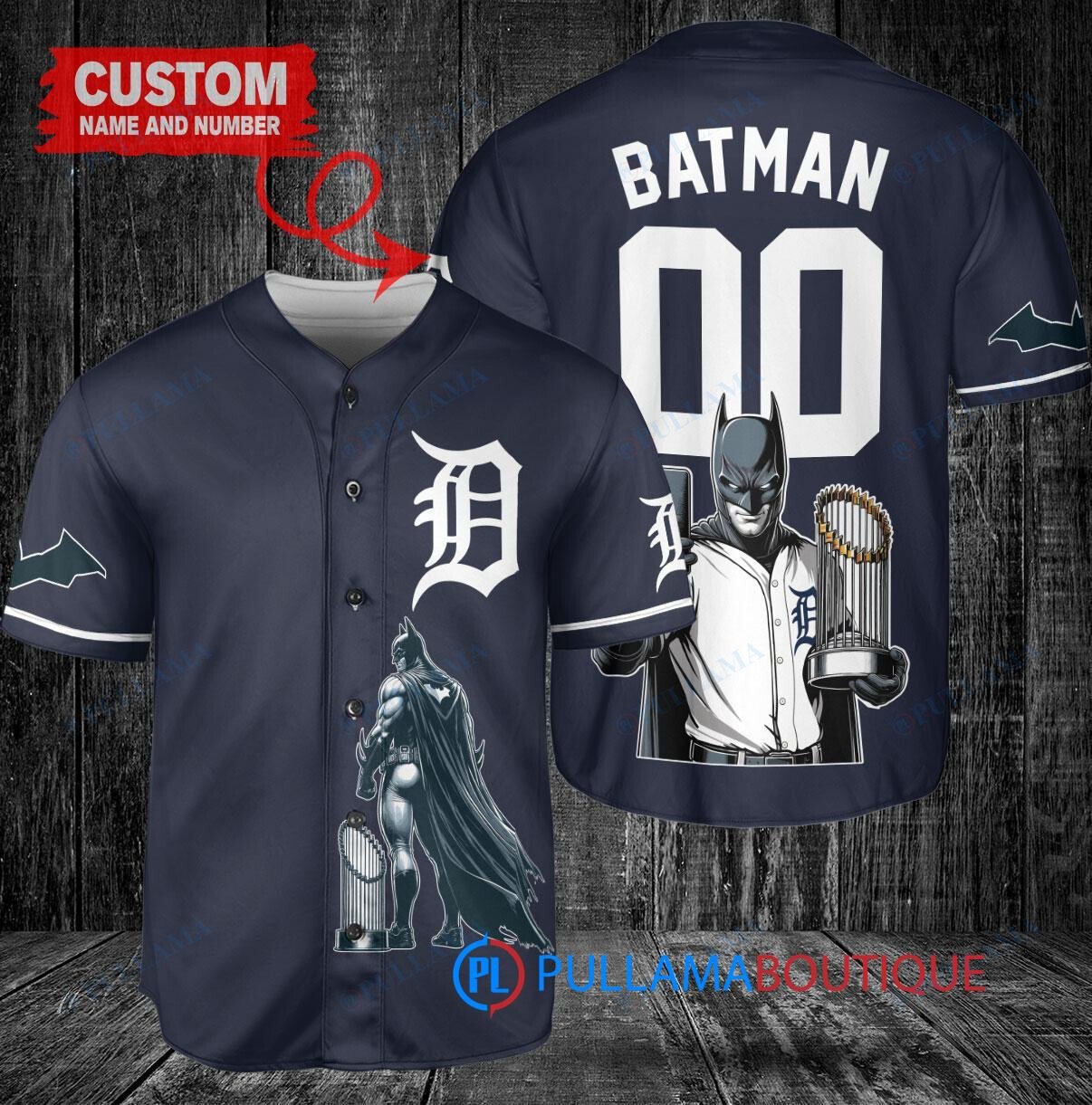 Detroit Tigers x DC Comics Batman The Dark Knight with Trophy Custom Baseball Jersey Navy