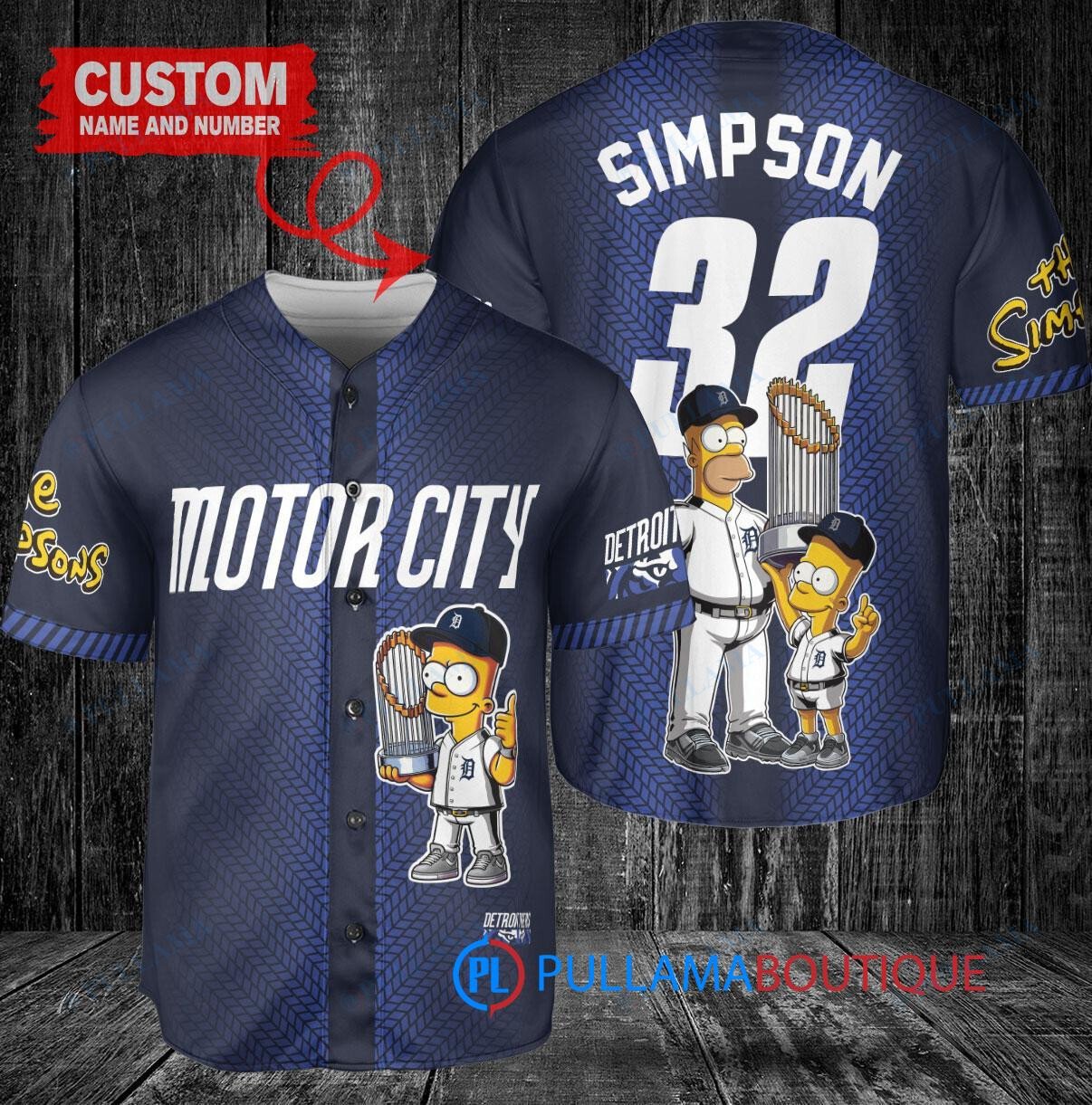 Detroit Tigers x The Simpsons Bart Simpson, Homer Simpson, Lisa Simpson with Trophy Custom Baseball Jersey Navy City Connect