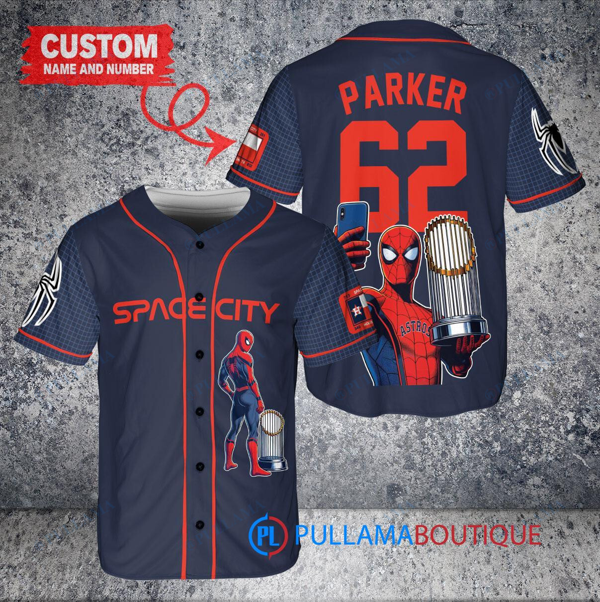 Houston Astros x Marvel Spiderman with Trophy Custom Baseball Jersey Navy City Connect