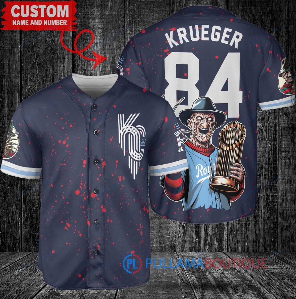 KC Royals Freddy Krueger Halloween World Series Trophy Baseball Jersey Navy
