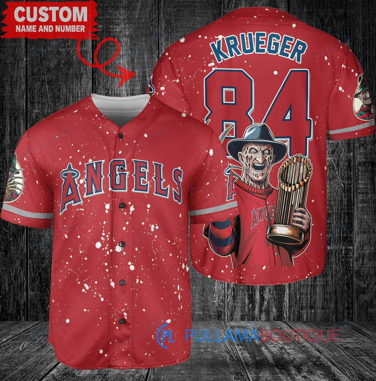 LA Angels Freddy Krueger Halloween World Series Trophy Baseball Jersey Red