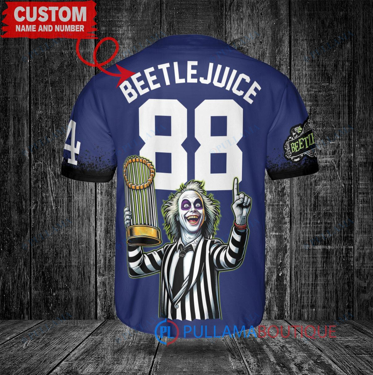 Los Angeles Dodgers x Beetlejuice Halloween with World Series Trophy Custom Baseball Jersey Royal City Connect