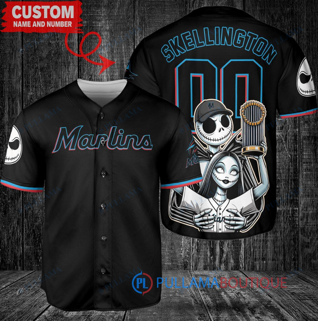 Miami Marlins Jack Skellington Sally World Series Trophy Baseball Jersey Black