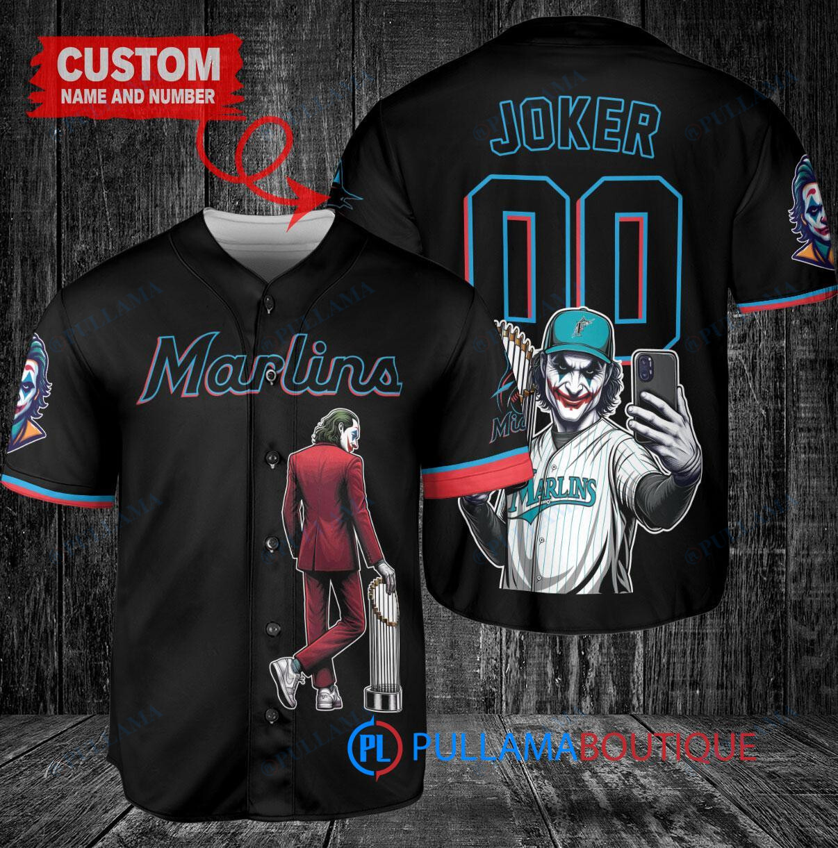 Miami Marlins x Joker DC Comics with Trophy Custom Baseball Jersey Black
