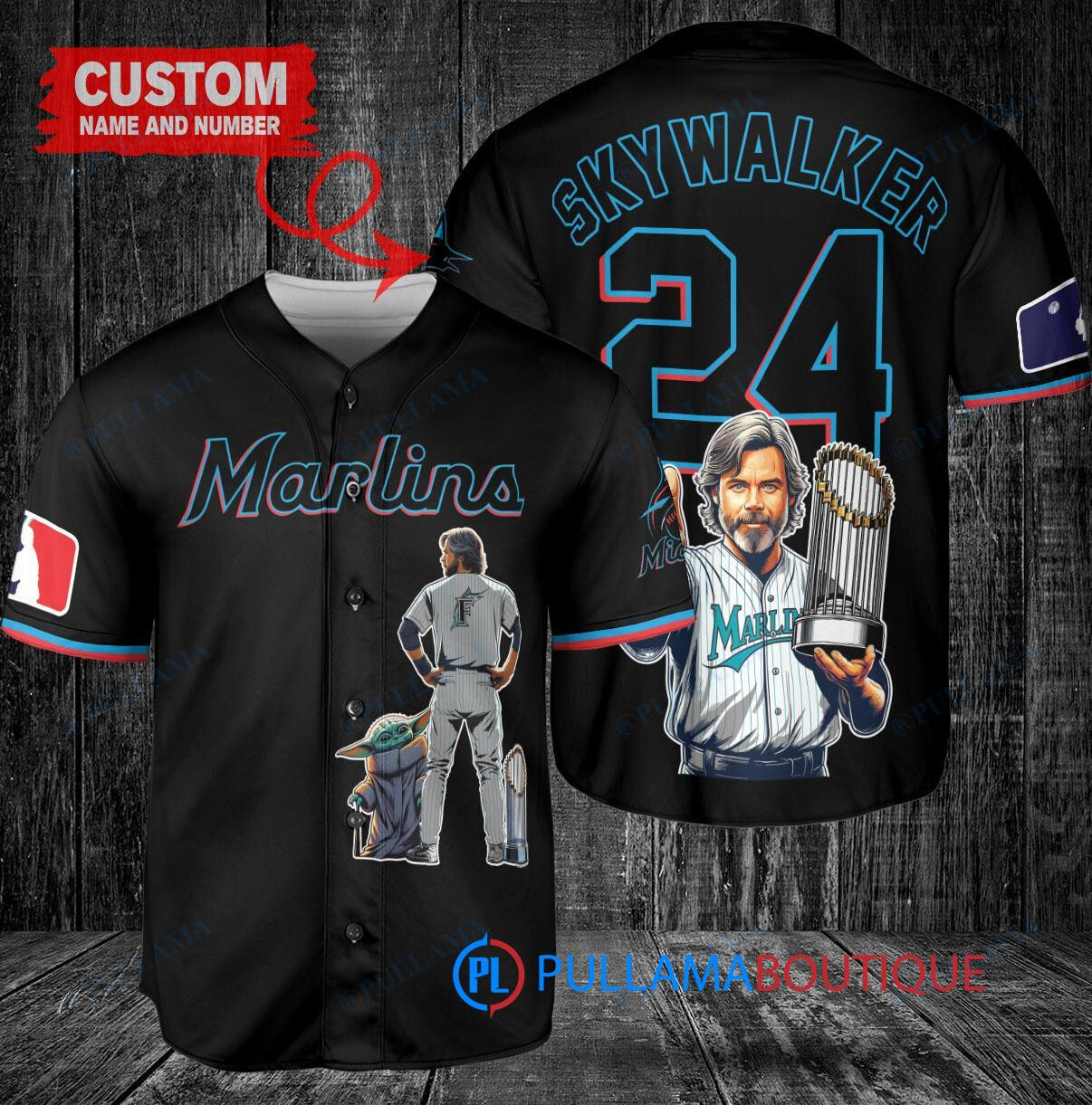 Miami Marlins x Luke Skywalker Star Wars with Trophy Custom Baseball Jersey Black