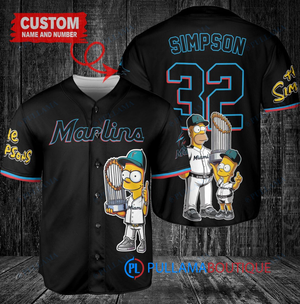 Miami Marlins x The Simpsons Bart Simpson, Homer Simpson, Lisa Simpson with Trophy Custom Baseball Jersey Black