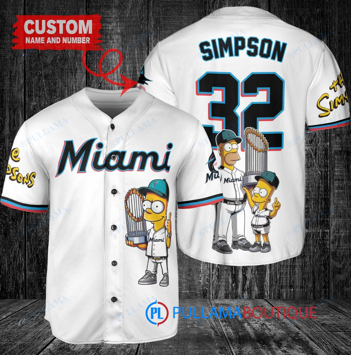 Miami Marlins x The Simpsons Bart Simpson, Homer Simpson, Lisa Simpson with Trophy Custom Baseball Jersey White