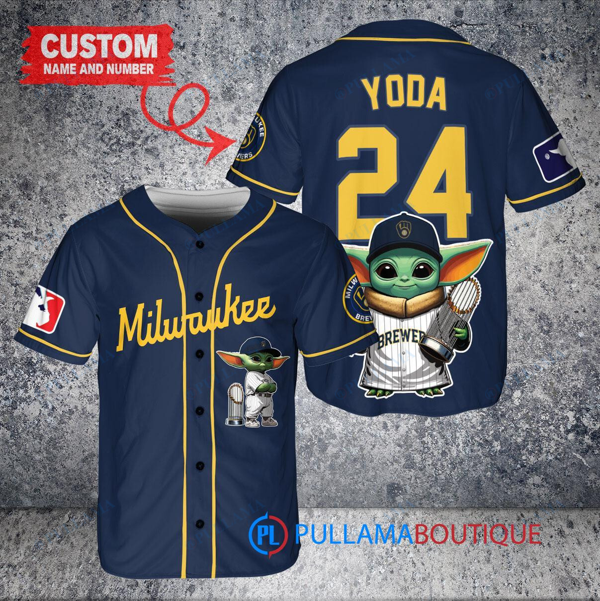 Milwaukee Brewers x Baby Yoda Star Wars The Mandalorian with Trophy Custom Baseball Jersey Navy