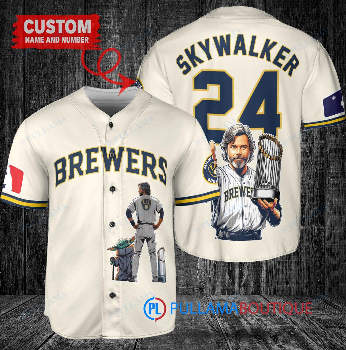 Milwaukee Brewers x Luke Skywalker Star Wars with Trophy Custom Baseball Jersey Cream