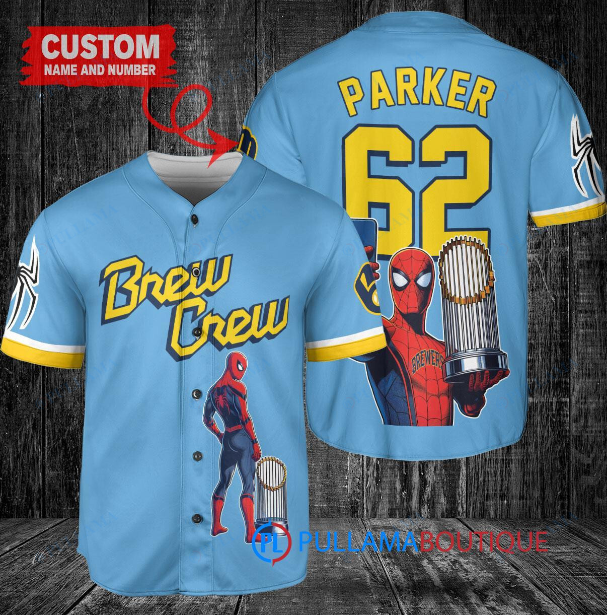 Milwaukee Brewers x Marvel Spiderman with Trophy Custom Baseball Jersey Blue City Connect