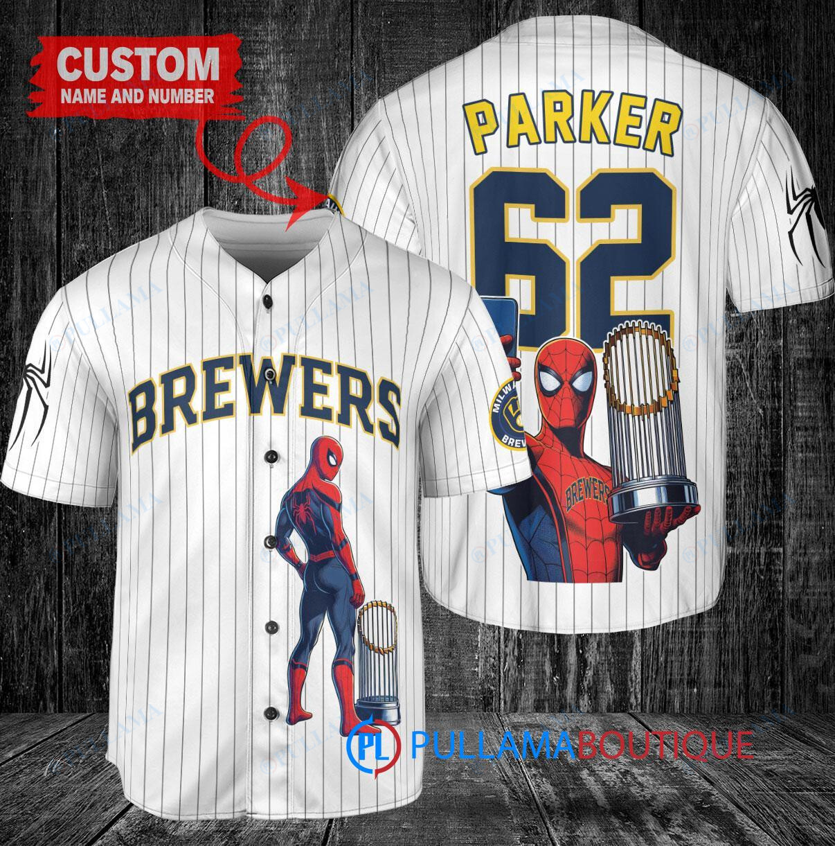 Milwaukee Brewers x Marvel Spiderman with Trophy Custom Baseball Jersey White