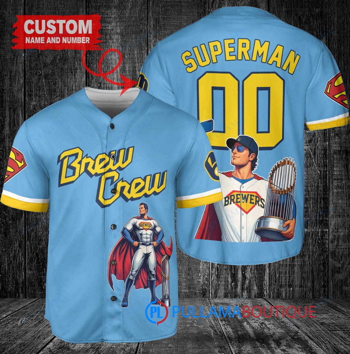 Milwaukee Brewers x Superman DC Comics with Trophy Custom Baseball Jersey Blue City Connect