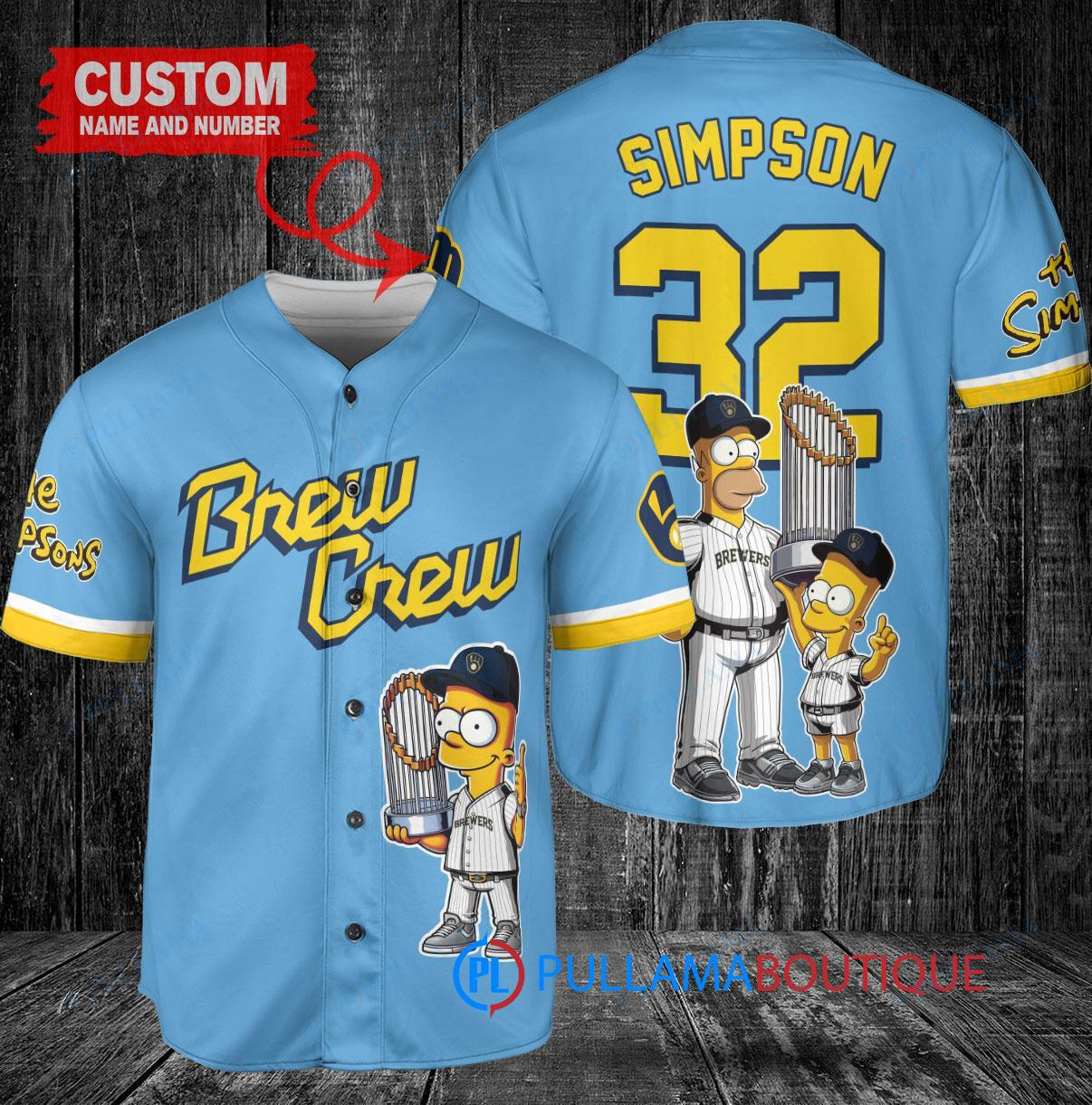 Milwaukee Brewers x The Simpsons Bart Simpson, Homer Simpson, Lisa Simpson with Trophy Custom Baseball Jersey Blue City Connect