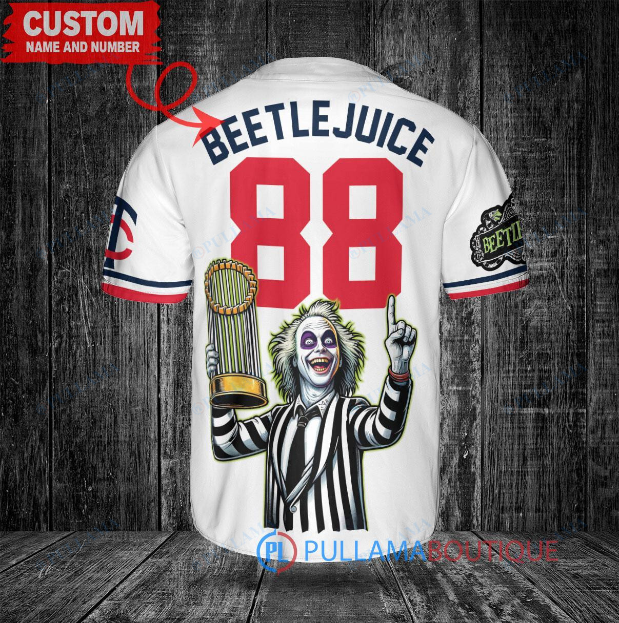 Minnesota Twins x Beetlejuice Halloween with World Series Trophy Custom Baseball Jersey White