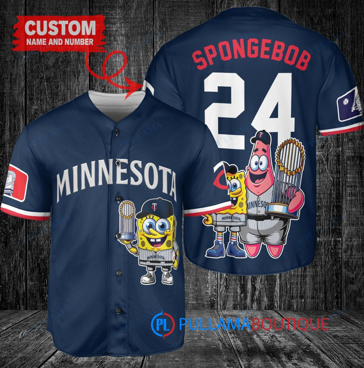 Minnesota Twins x SpongeBob SquarePants with Trophy Custom Baseball Jersey Navy