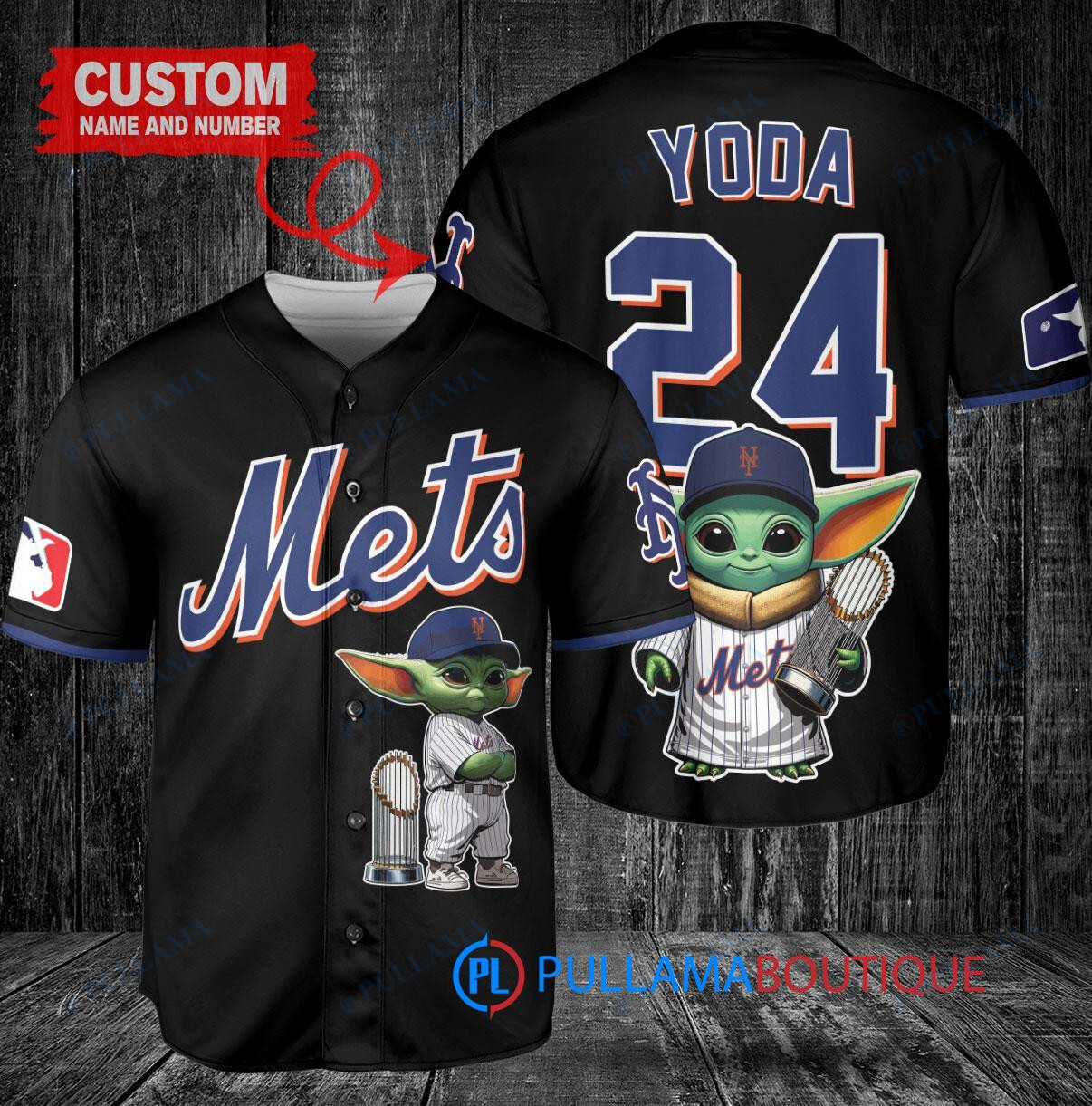 New York Mets x Baby Yoda Star Wars The Mandalorian with Trophy Custom Baseball Jersey Black