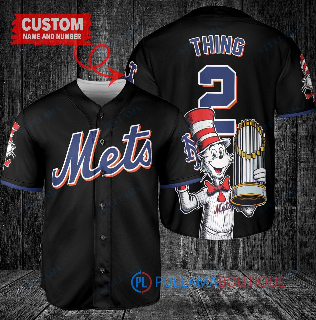 New York Mets x Dr Seuss with World Series Trophy Custom Baseball Jersey Black