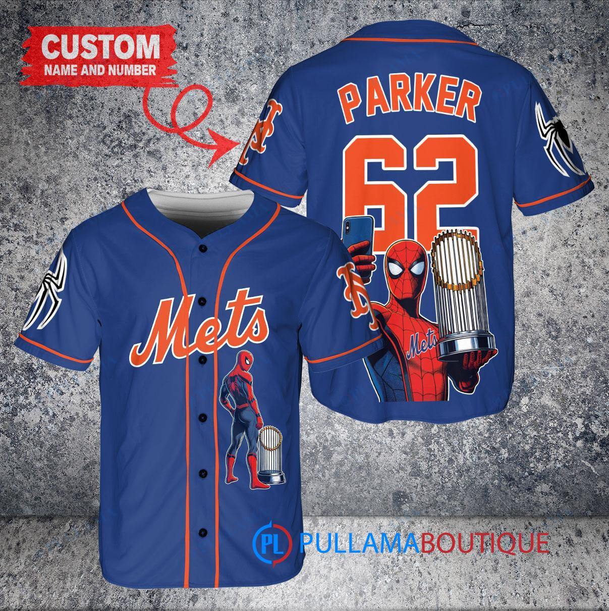 New York Mets x Marvel Spiderman with Trophy Custom Baseball Jersey Royal