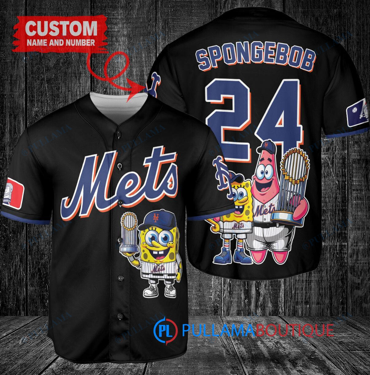 New York Mets x SpongeBob SquarePants with Trophy Custom Baseball Jersey Black