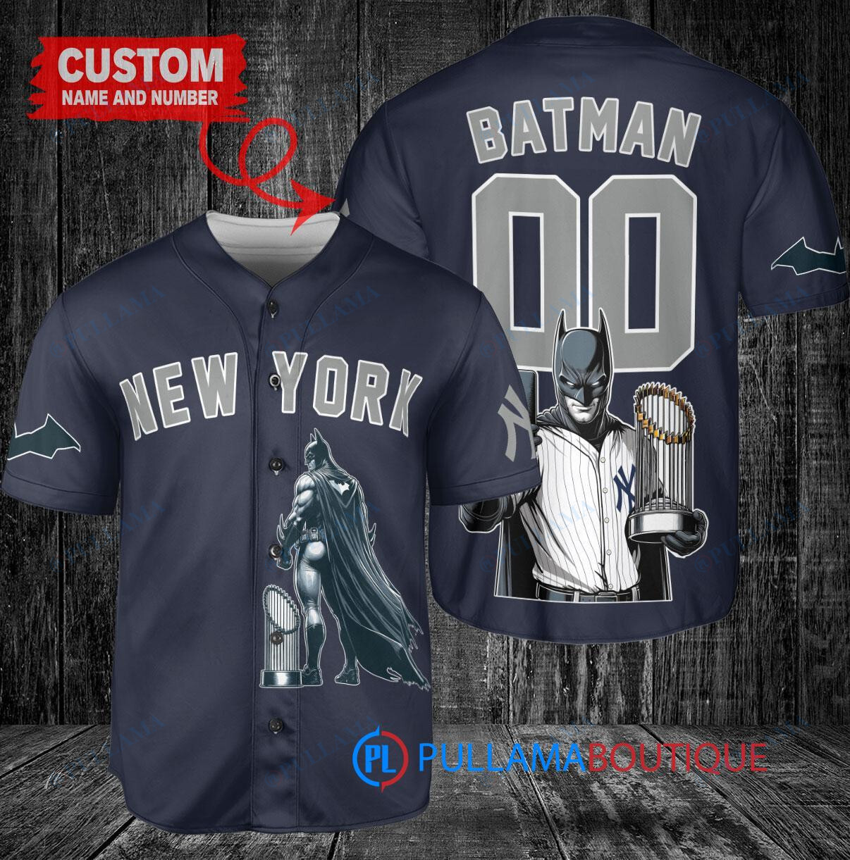 New York Yankees x DC Comics Batman The Dark Knight with Trophy Custom Baseball Jersey Navy