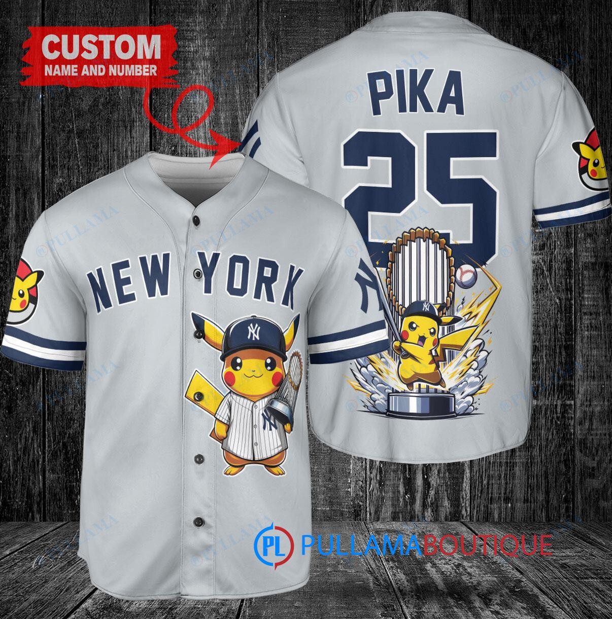 New York Yankees x Pikachu Pokemon with Trophy Custom Baseball Jersey Gray