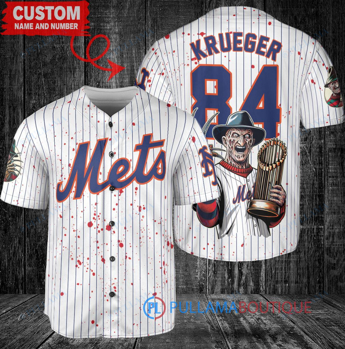 NY Mets Freddy Krueger Halloween World Series Trophy Baseball Jersey White