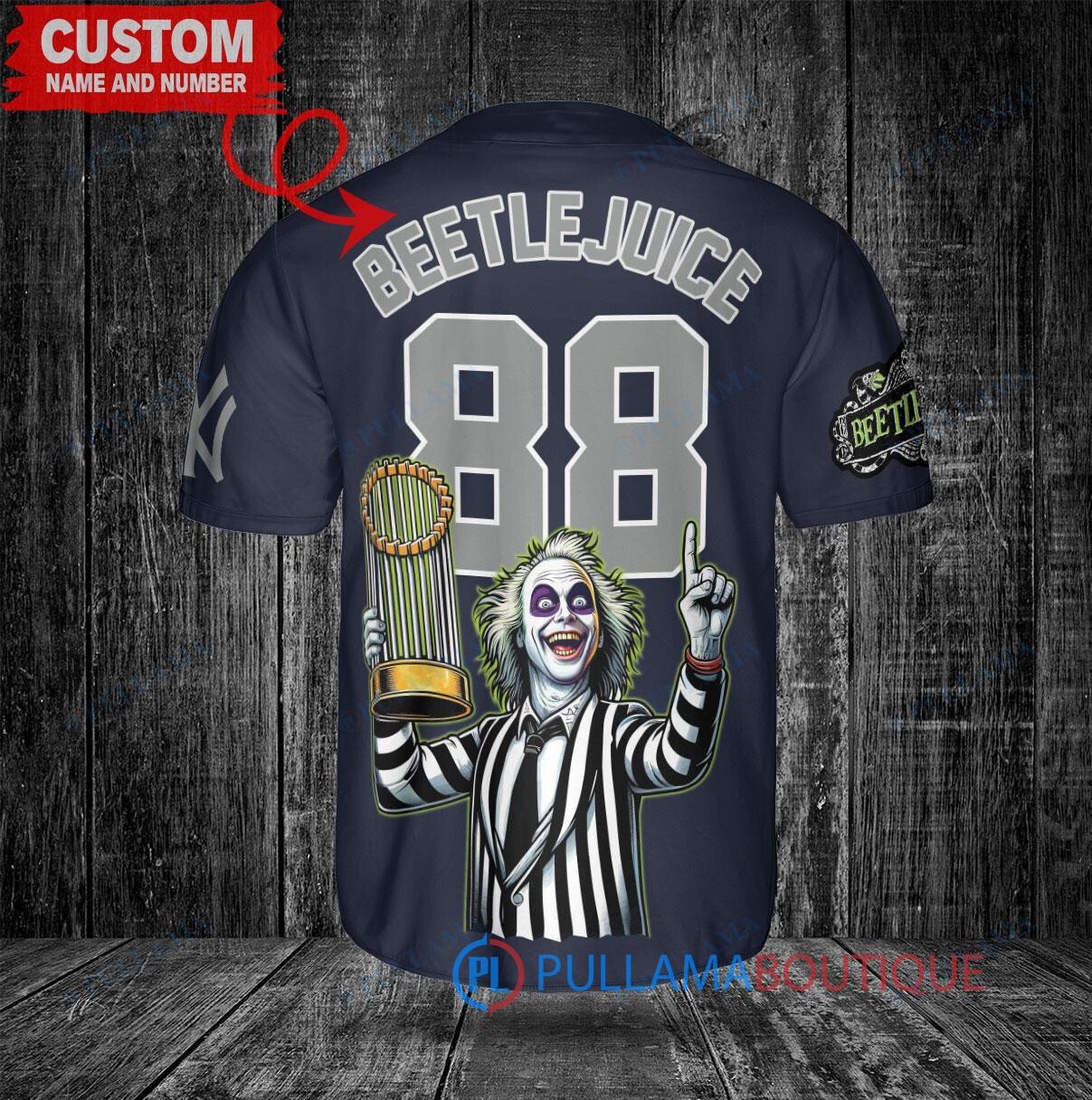 NY Yankees x Beetlejuice Halloween World Series Trophy Baseball Jersey Navy