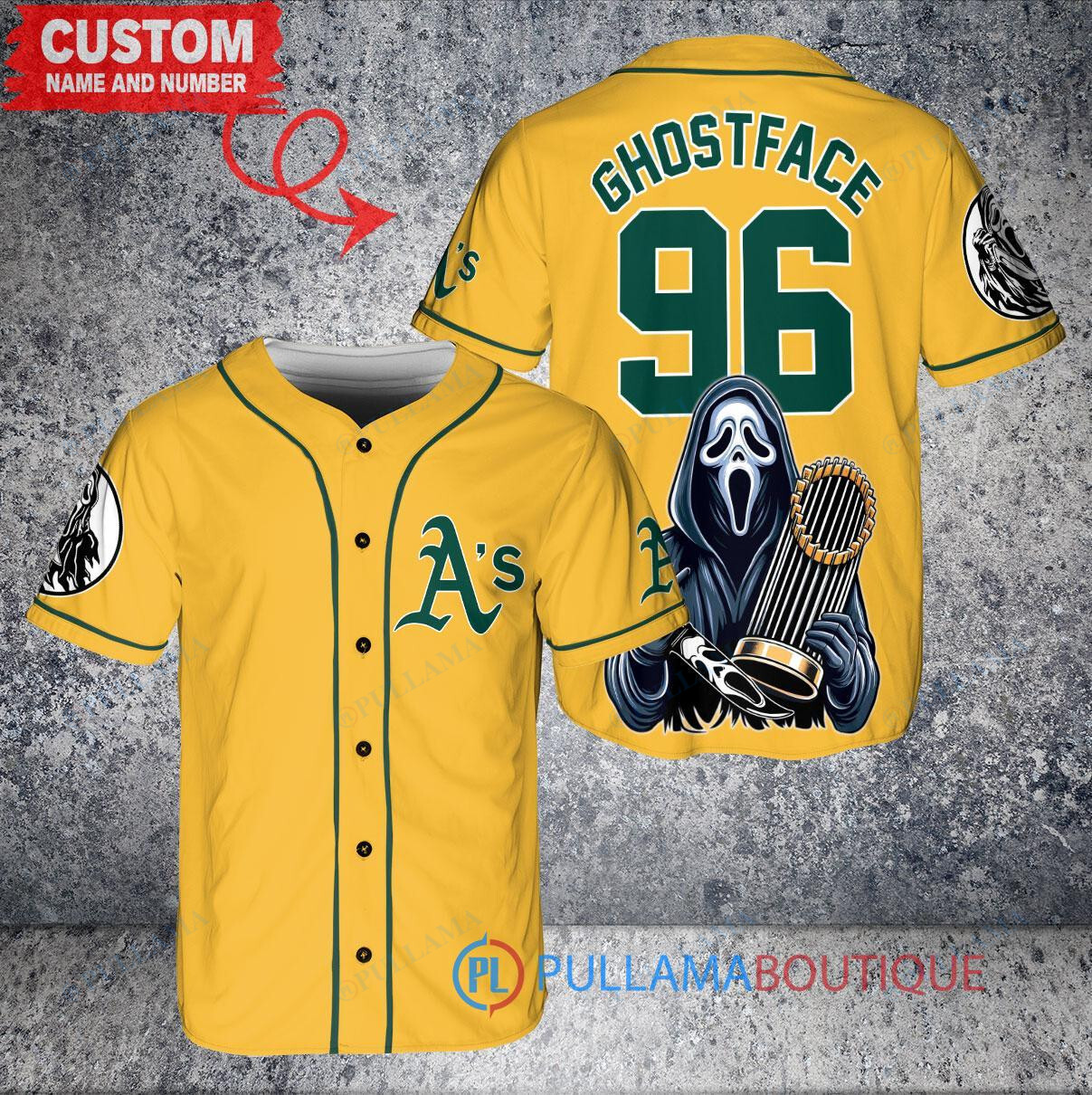 Oakland Athletics Ghostface Scream Halloween World Series Trophy Baseball Jersey Gold