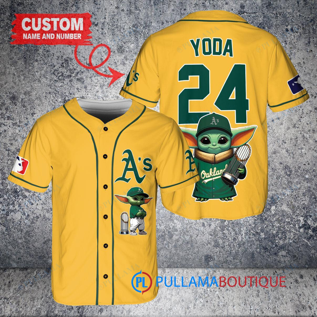 Oakland Athletics x Baby Yoda Star Wars The Mandalorian with Trophy Custom Baseball Jersey Gold