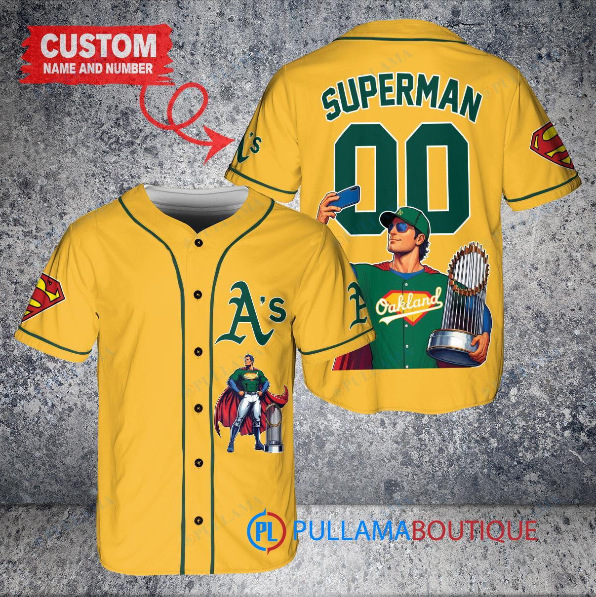 Oakland Athletics x Superman DC Comics with Trophy Custom Baseball Jersey Gold