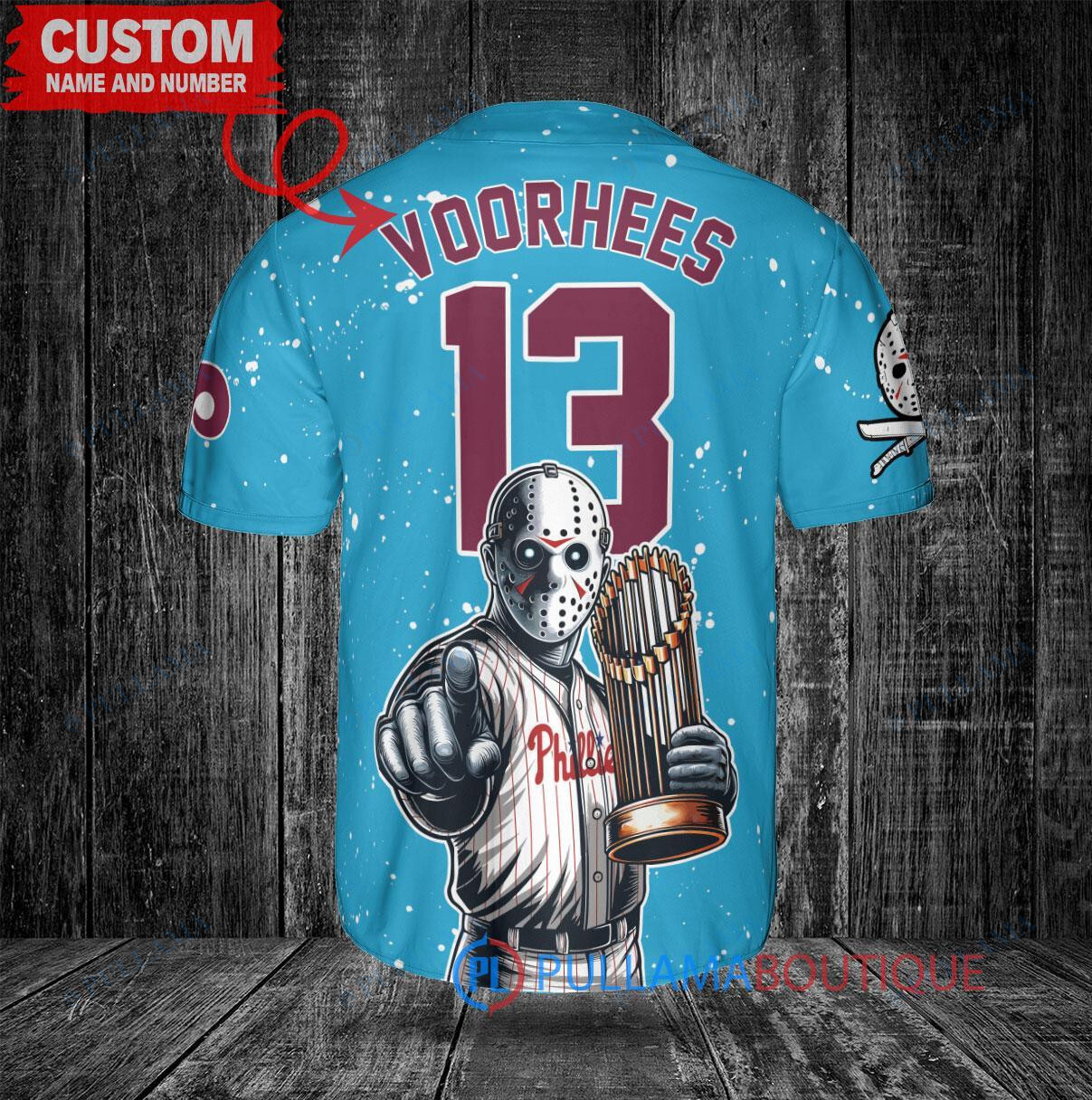 Philadelphia Phillies x Friday the 13th Jason Voorhees Halloween with World Series Trophy Custom Baseball Jersey Light Blue
