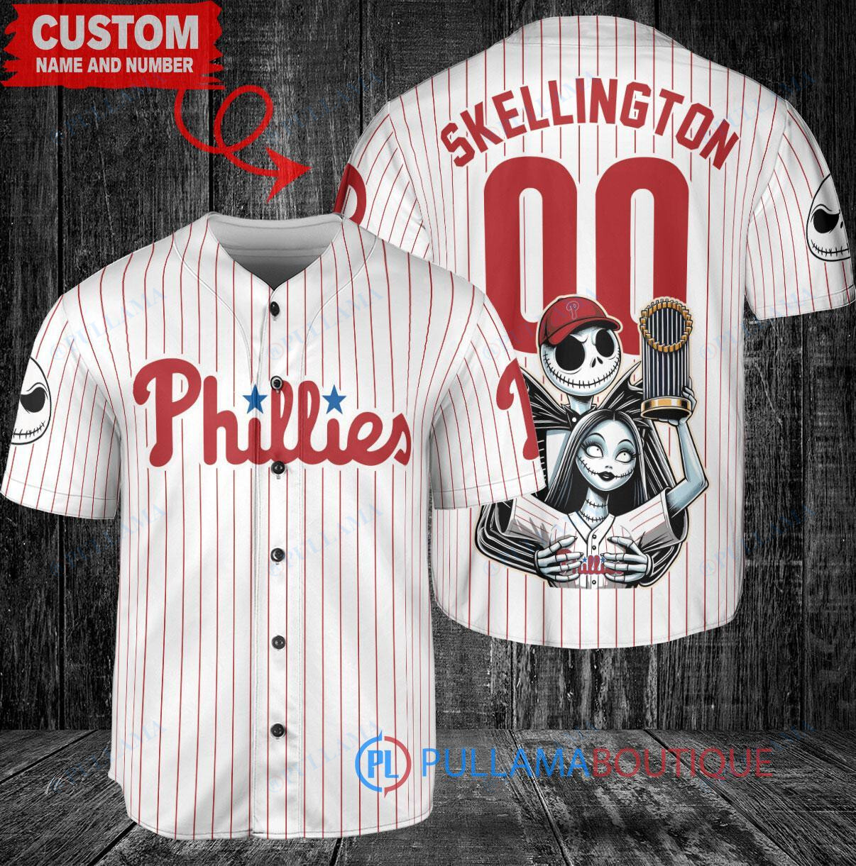 Philadelphia Phillies x Jack Skellington and Sally The Nightmare Before Christmas with World Series Trophy Custom Baseball Jersey White