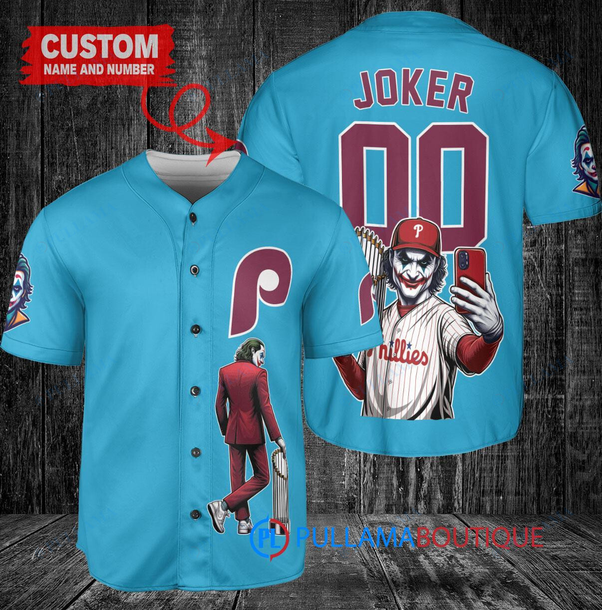 Philadelphia Phillies x Joker DC Comics with Trophy Custom Baseball Jersey Light Blue