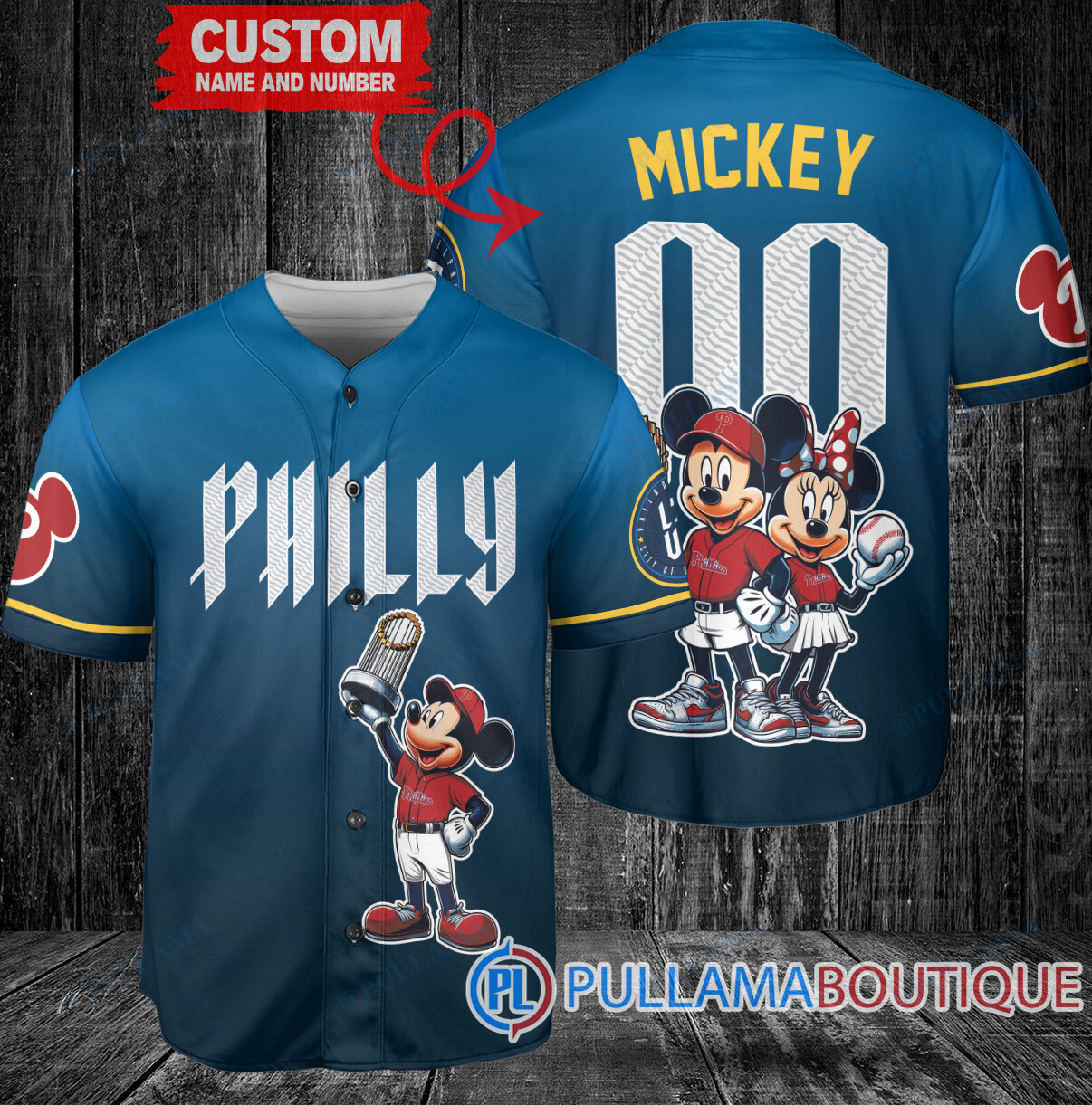 Philadelphia Phillies x Mickey and Minnie with Trophy Baseball Jersey Blue City Connect