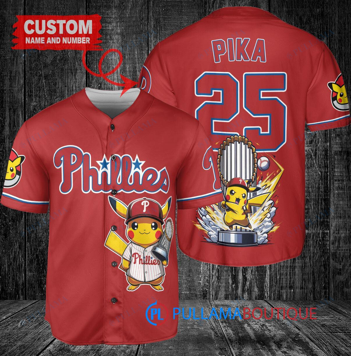 Philadelphia Phillies x Pikachu Pokemon with Trophy Custom Baseball Jersey Red