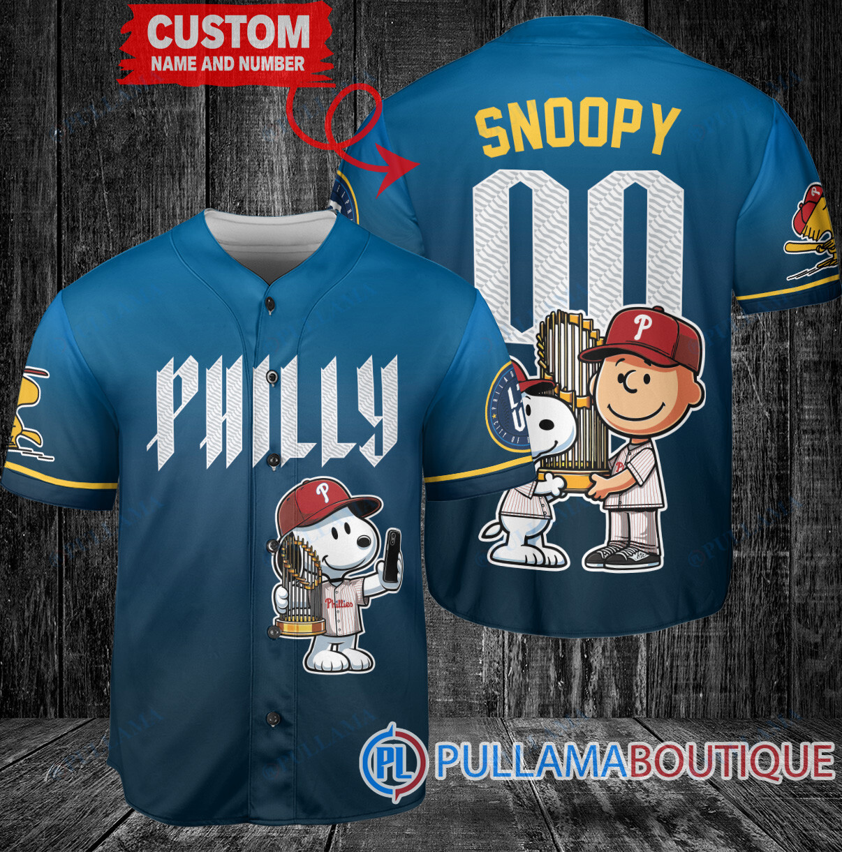 Philadelphia Phillies x Snoopy and Charlie Brown with Trophy Baseball Jersey Blue City Connect