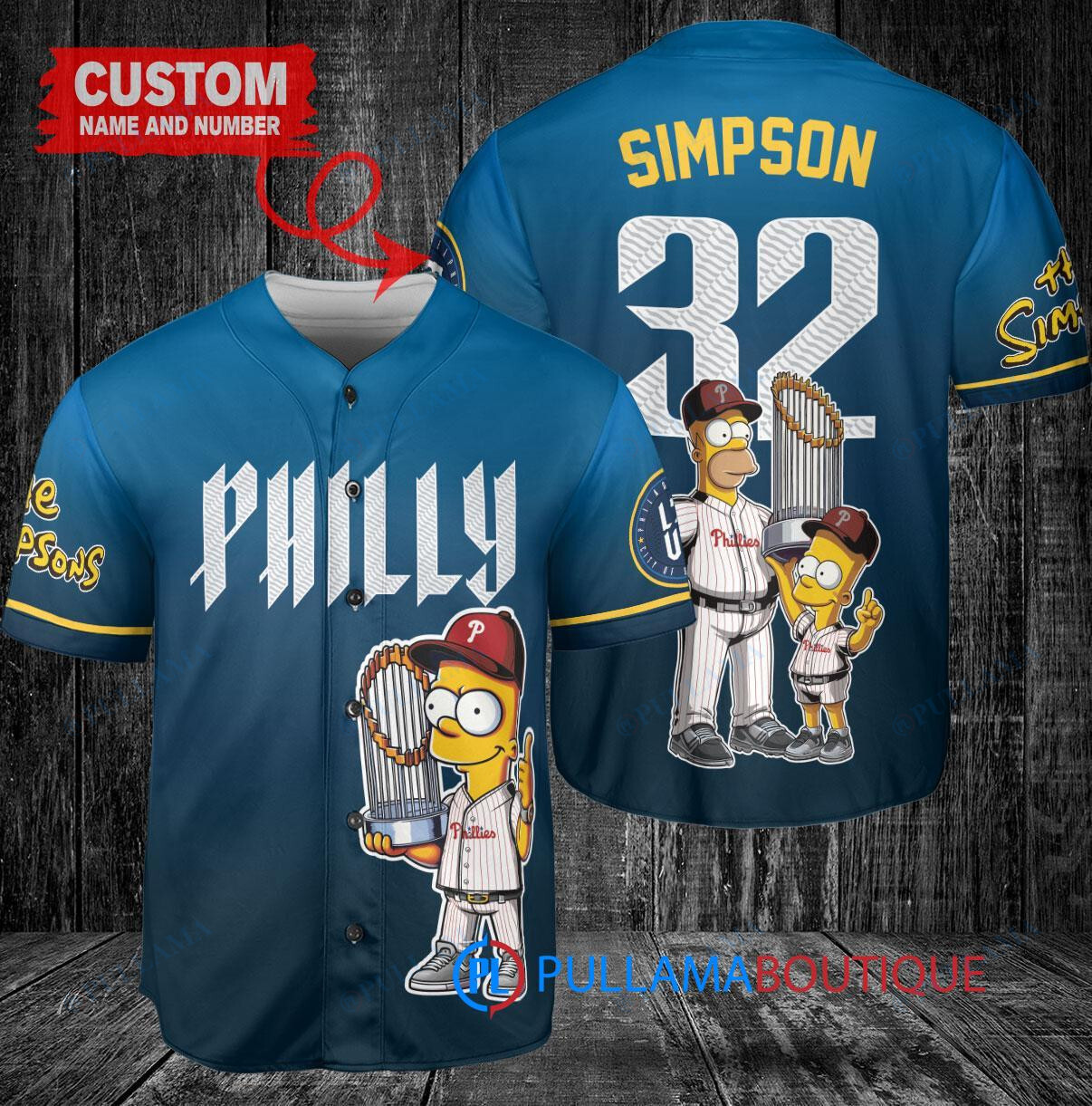Philadelphia Phillies x The Simpsons Bart Simpson, Homer Simpson, Lisa Simpson with Trophy Custom Baseball Jersey Blue City Connect