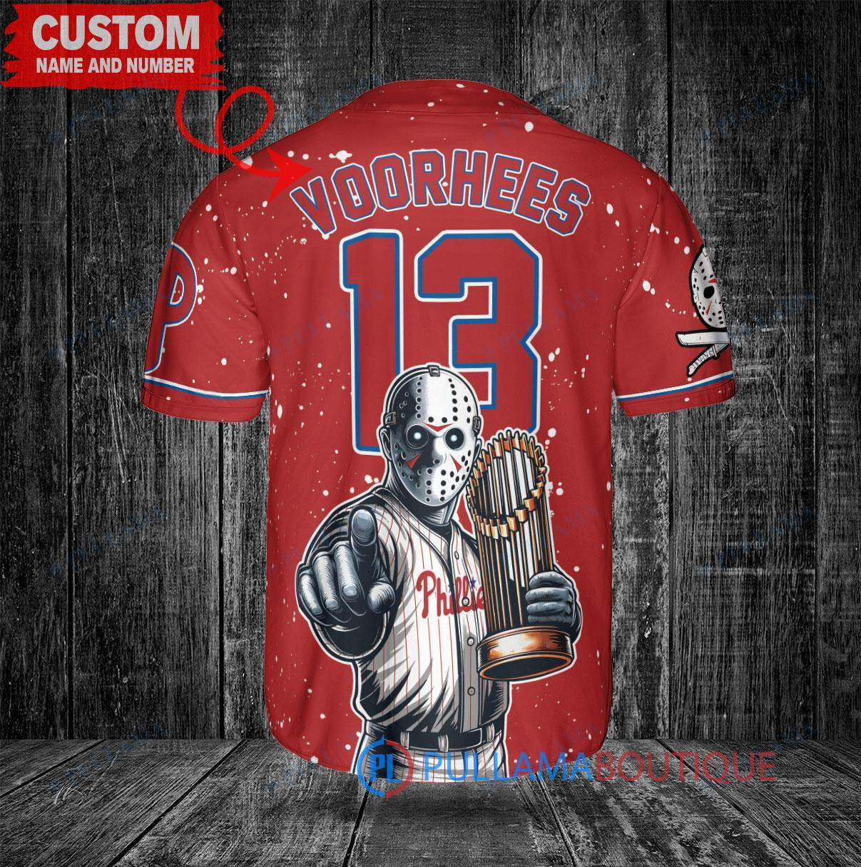 Phillies Jason Voorhees Halloween World Series Trophy Baseball Jersey Red