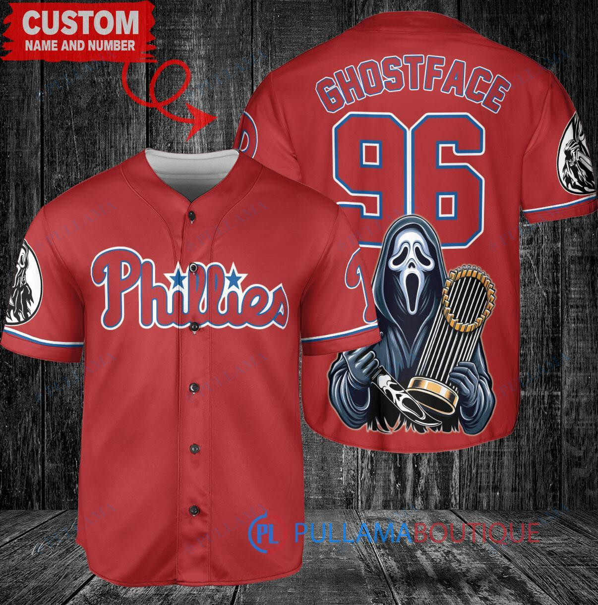 Philly Phillies Ghostface Scream Halloween World Series Trophy Baseball Jersey Red