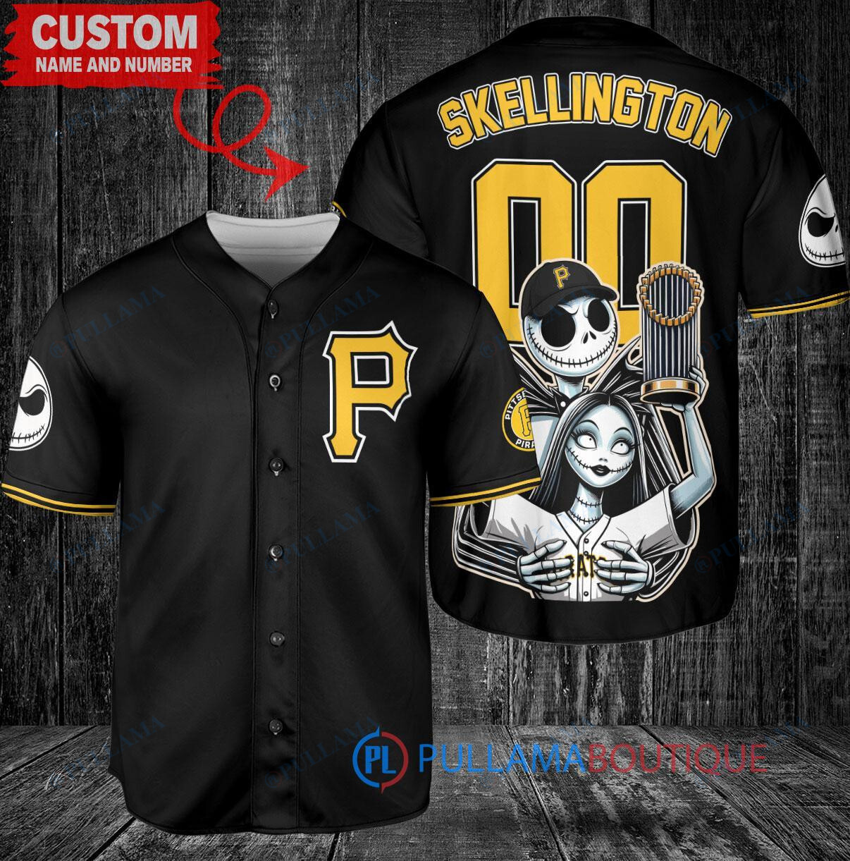 Pittsburgh Pirates x Jack Skellington and Sally The Nightmare Before Christmas with World Series Trophy Custom Baseball Jersey Black