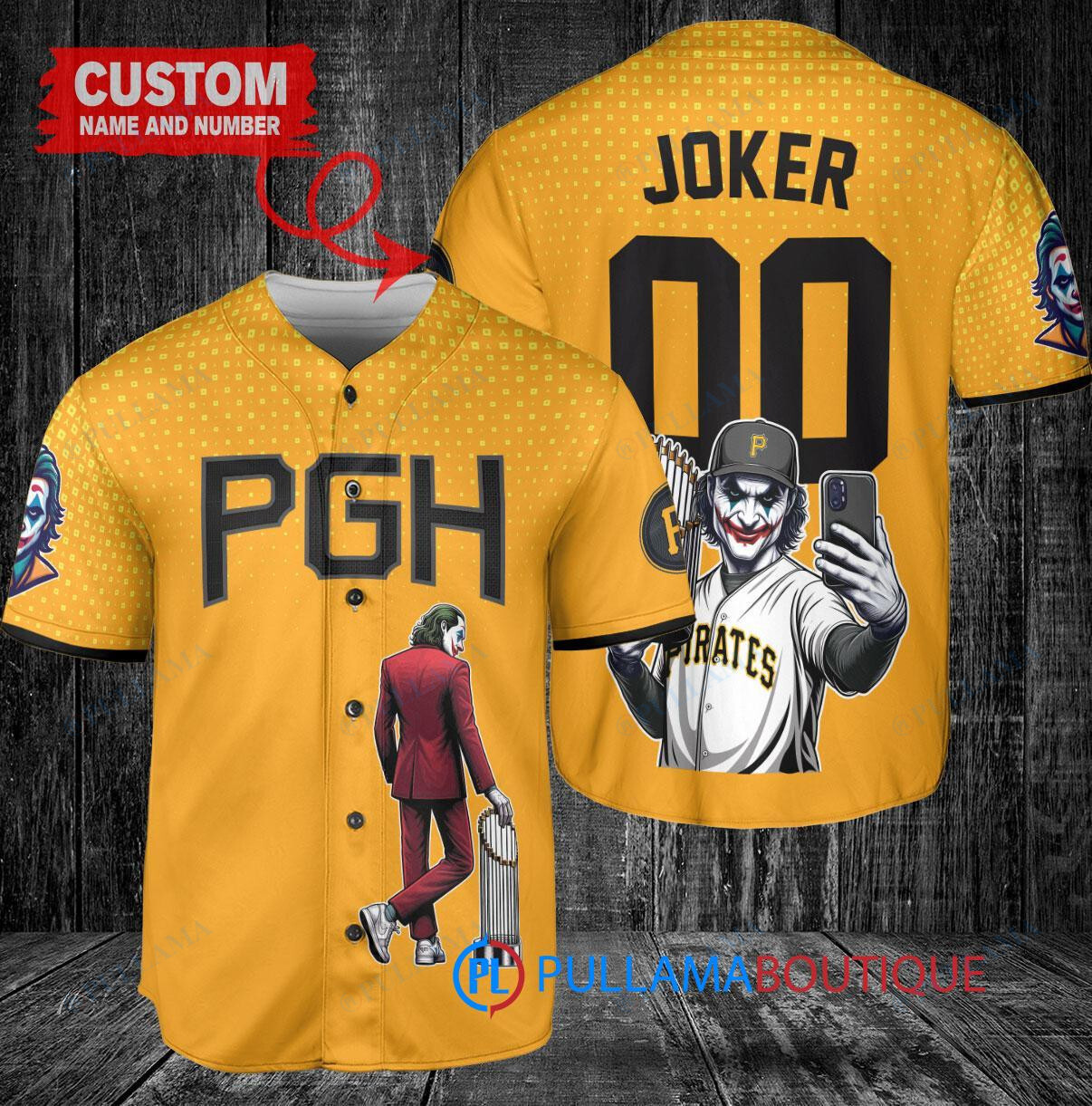 Pittsburgh Pirates x Joker DC Comics with Trophy Custom Baseball Jersey Gold City Connect