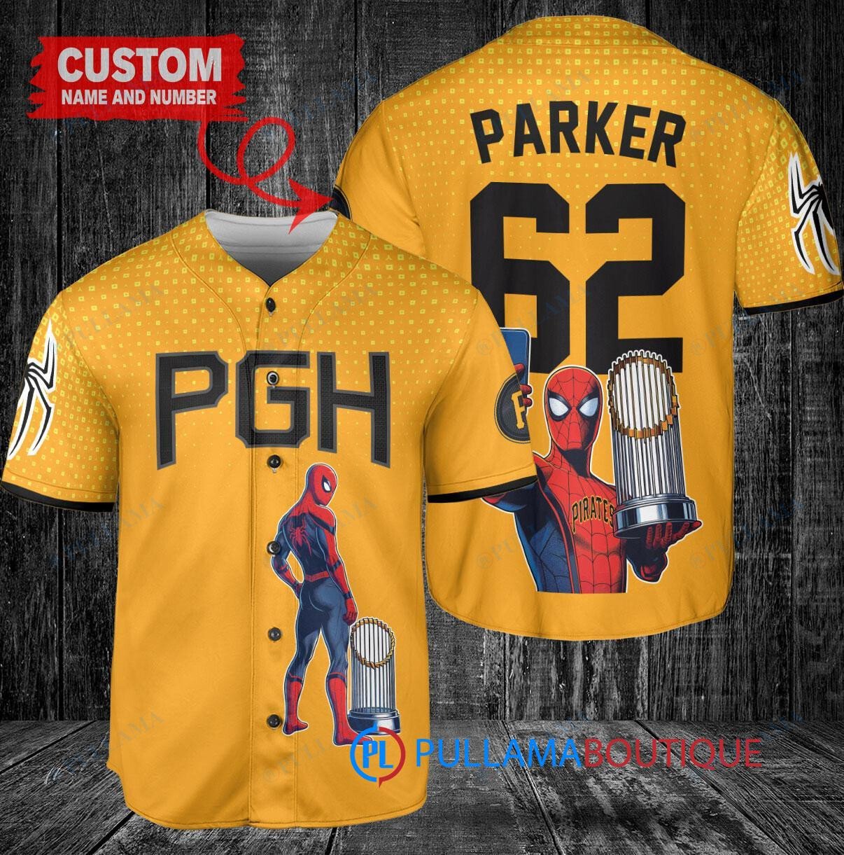 Pittsburgh Pirates x Marvel Spiderman with Trophy Custom Baseball Jersey Gold City Connect