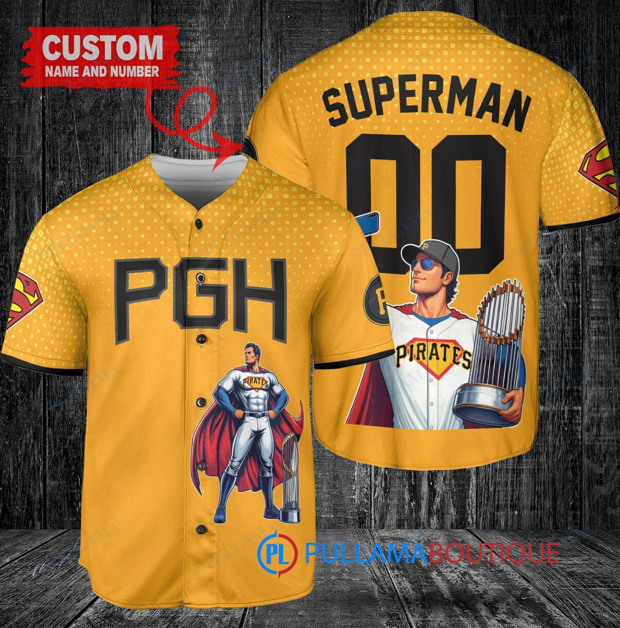 Pittsburgh Pirates x Superman DC Comics with Trophy Custom Baseball Jersey Gold City Connect