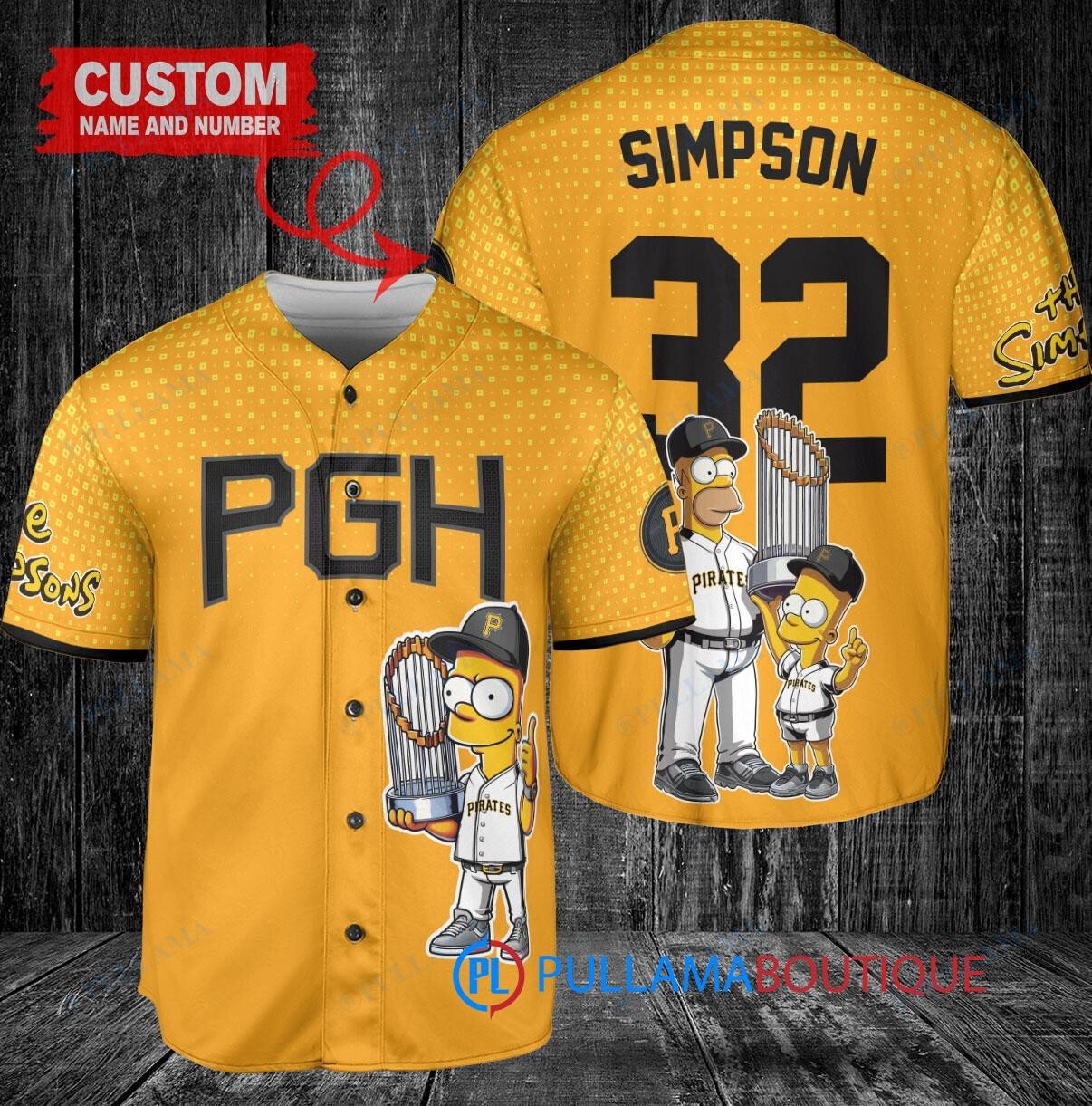 Pittsburgh Pirates x The Simpsons Bart Simpson, Homer Simpson, Lisa Simpson with Trophy Custom Baseball Jersey Gold City Connect