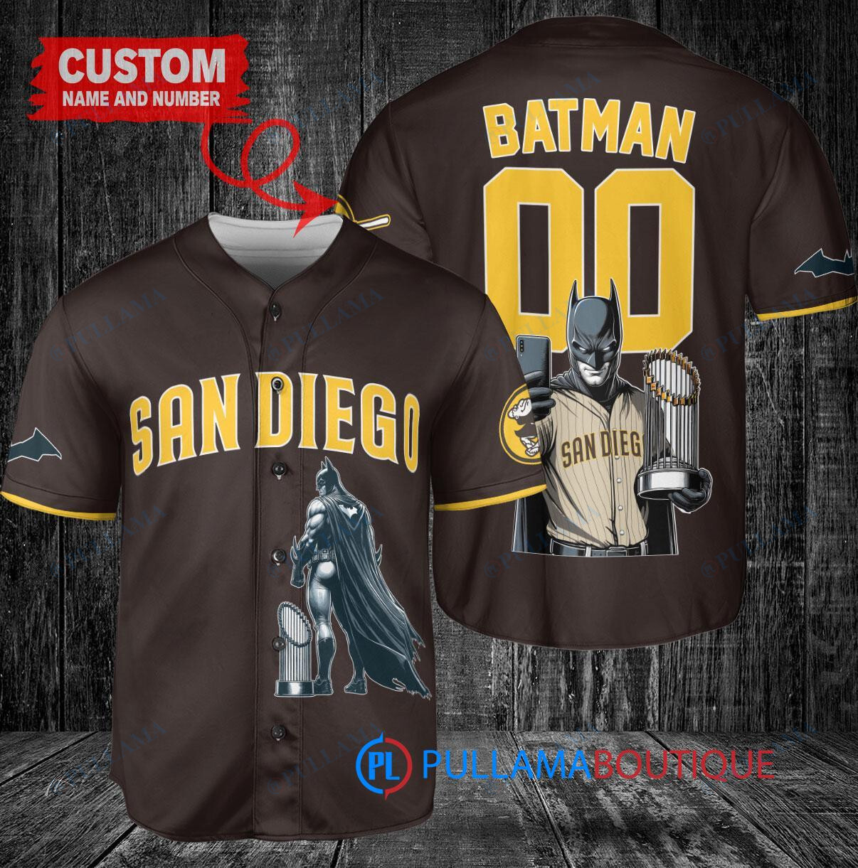 San Diego Padres x DC Comics Batman The Dark Knight with Trophy Custom Baseball Jersey Brown