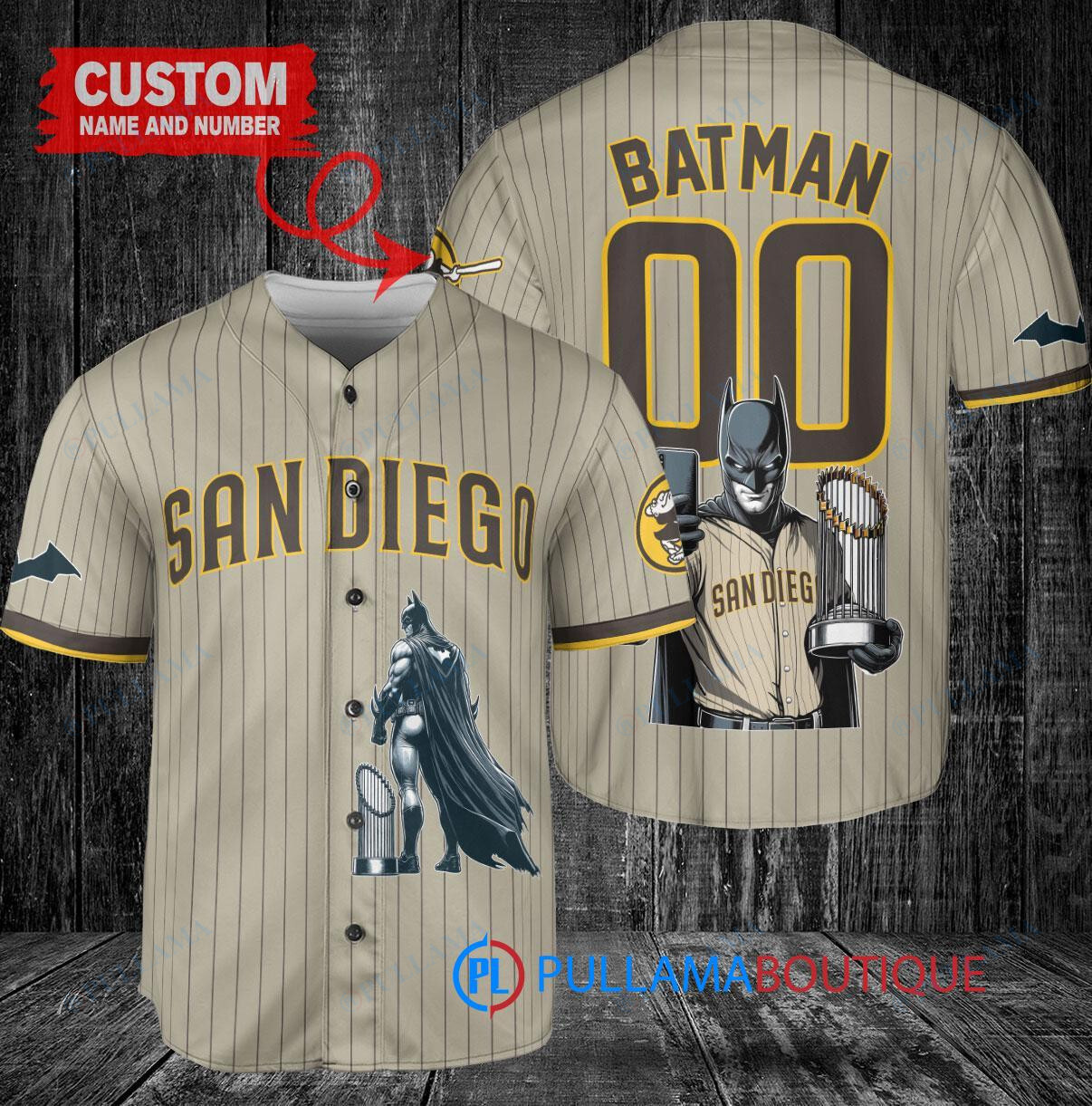 San Diego Padres x DC Comics Batman The Dark Knight with Trophy Custom Baseball Jersey Tan