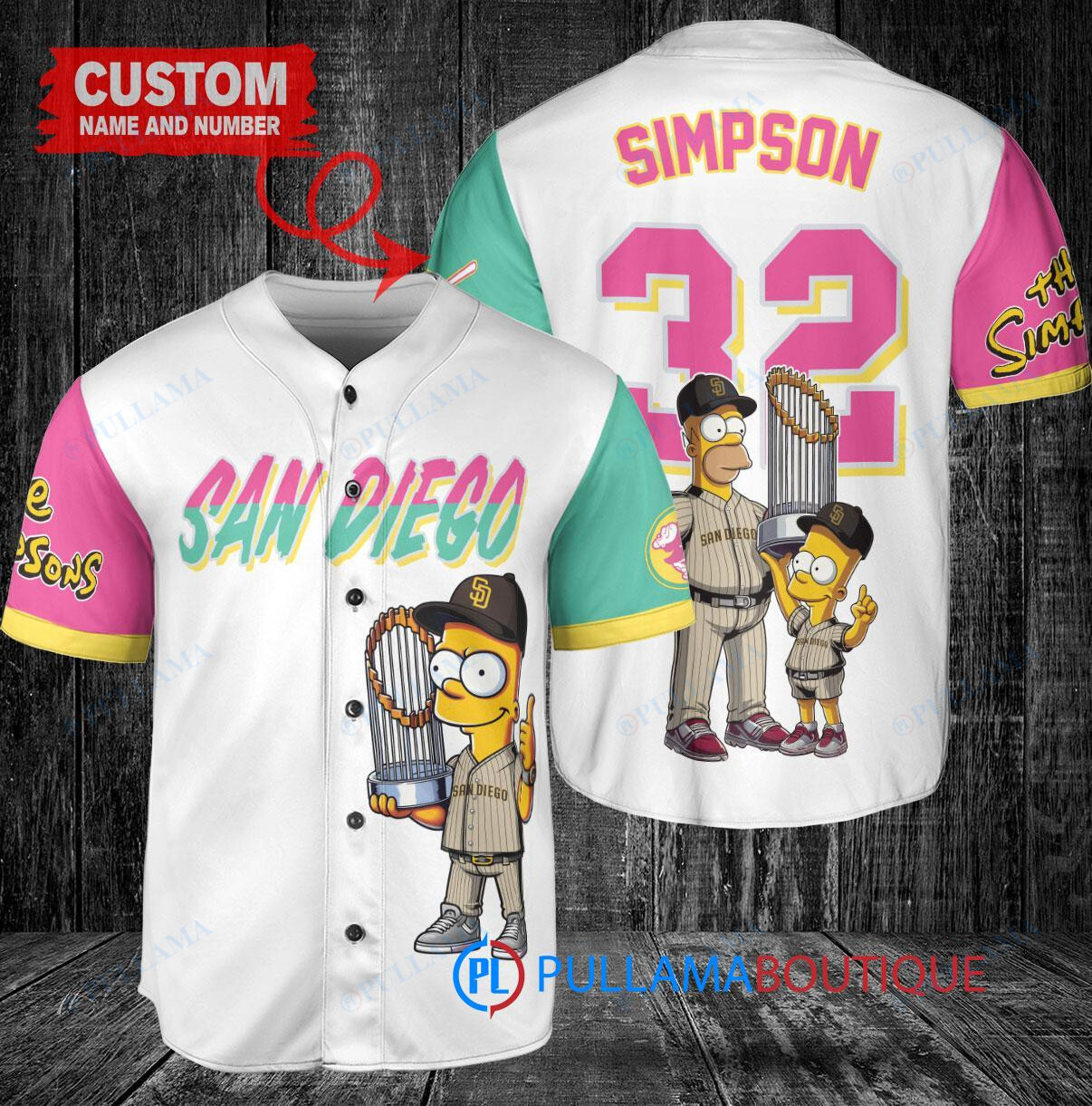 San Diego Padres x The Simpsons Bart Simpson, Homer Simpson, Lisa Simpson with Trophy Custom Baseball Jersey White City Connect