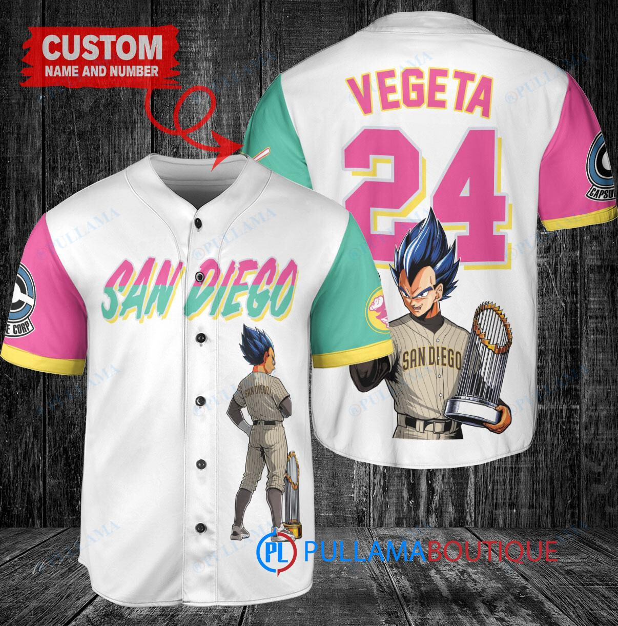 San Diego Padres x Vegeta Super Saiyan Dragon Ball Z with Trophy Custom Baseball Jersey White City Connect