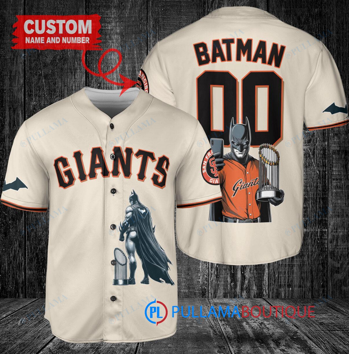 San Francisco Giants x DC Comics Batman The Dark Knight with Trophy Custom Baseball Jersey Cream