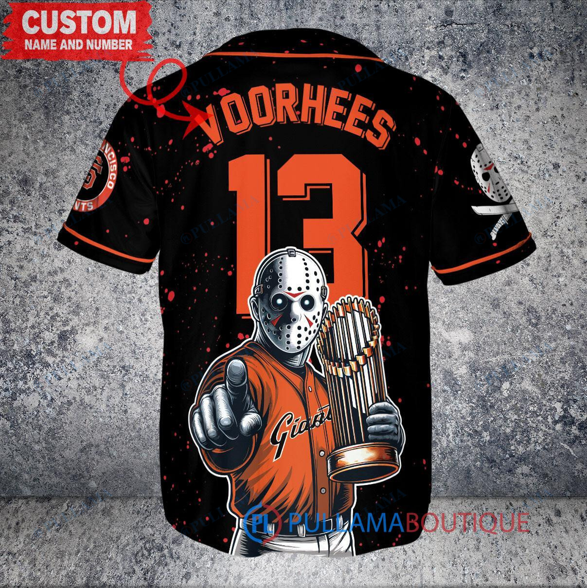 San Francisco Giants x Friday the 13th Jason Voorhees Halloween with World Series Trophy Custom Baseball Jersey Black